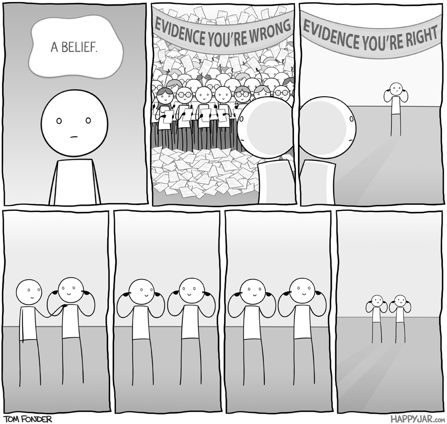 Cartoon depicting beliefs versus evidence, with characters ignoring opposing evidence in various panels.