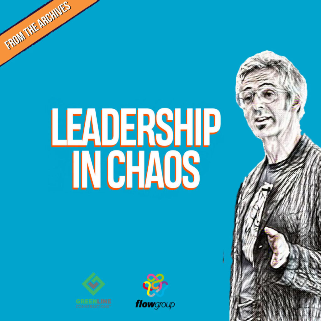 Animated person speaking next to text 'Leadership in Chaos' with blue background, logos at bottom.