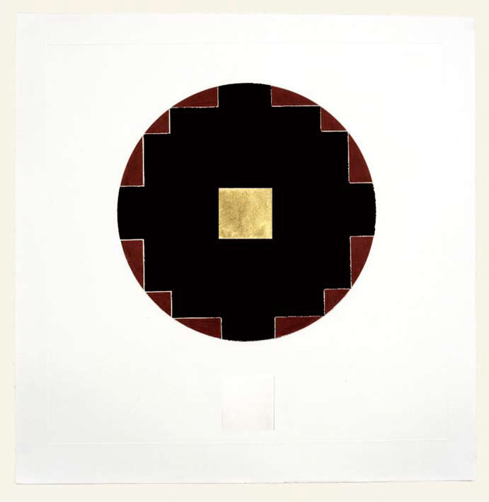 Abstract geometric design with a central gold square inside a black circle, bordered by red stepped patterns.