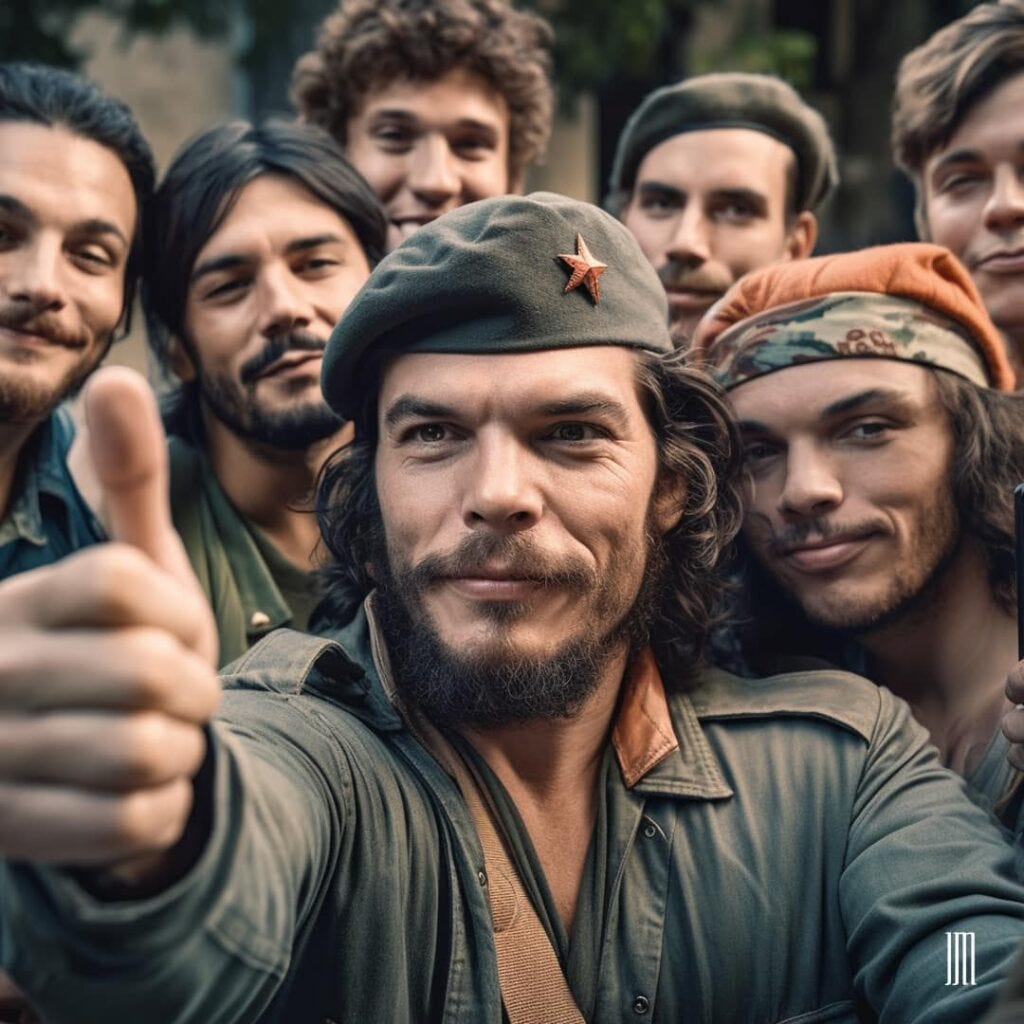 Group of people in military attire, one giving a thumbs-up, with berets and relaxed expressions.