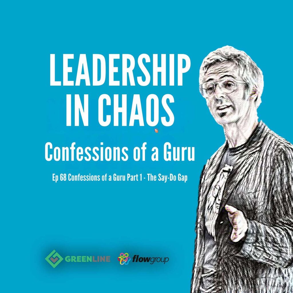 Podcast cover: Leadership in Chaos, featuring a hand-drawn figure and logos of Greenline and flowgroup.