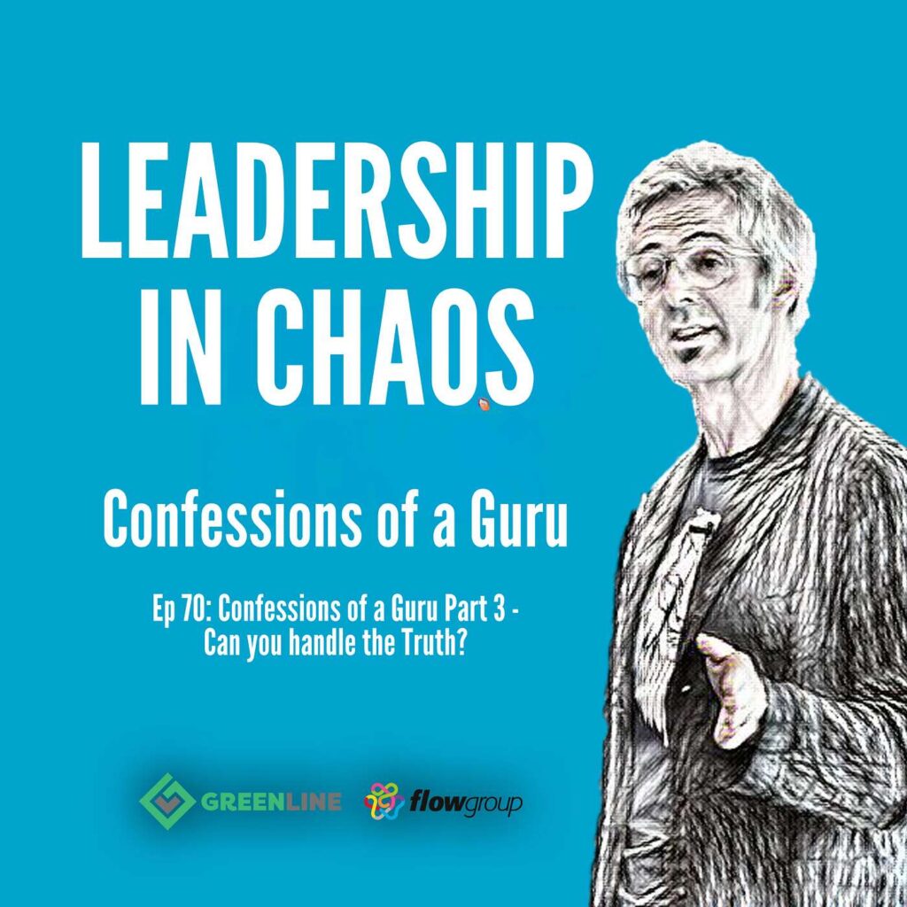 Sketch of a person speaking with Leadership in Chaos and Confessions of a Guru text on a blue background.