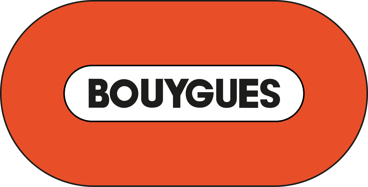 Orange oval logo with black text BOUYGUES in a white rectangle, simple and bold design.