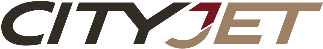 CityJet logo with bold black and brown lettering, featuring a red and brown stylized arrow in the letter J.