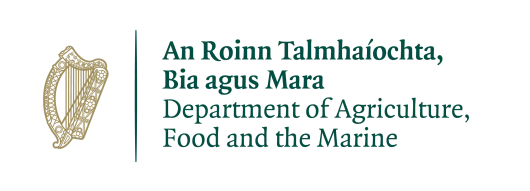 Seal and logo of the Department of Agriculture, Food and the Marine with Gaelic text.