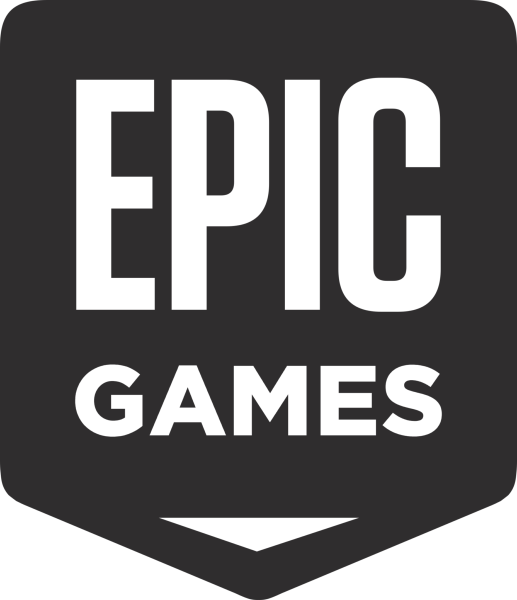 Black and white Epic Games logo with bold text on shield-shaped background.
