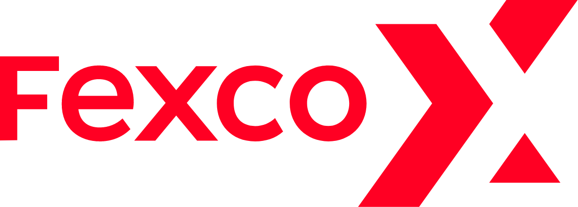 Red Fexco logo with a stylized X on a transparent background. Simple and modern design.