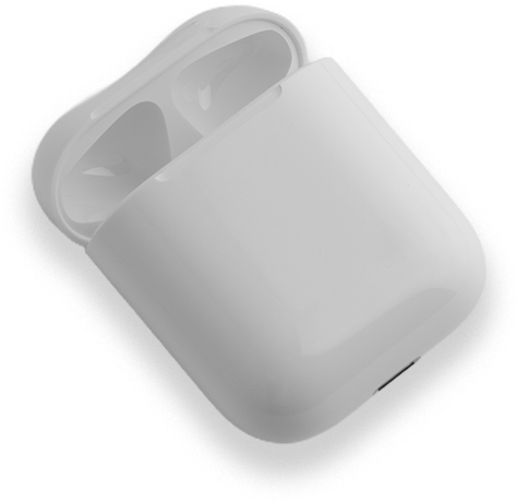 White wireless earbuds case open, displaying empty slots, isolated on white background.