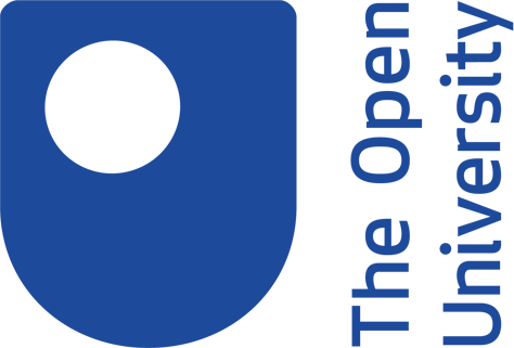 Logo of The Open University featuring a blue shield with a circular cutout next to vertical text in blue.