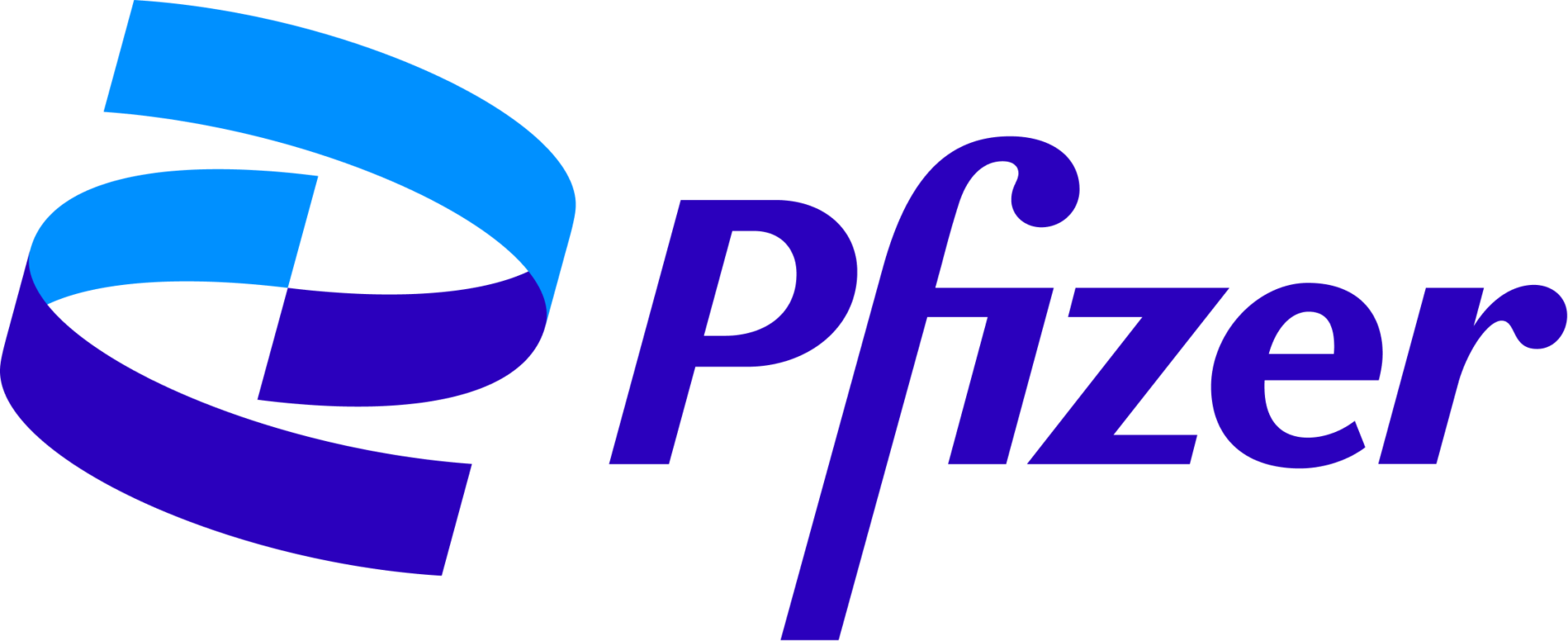 Blue and purple Pfizer logo with abstract spiral design, representing the pharmaceutical company.