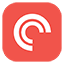 Red logo with a white circular design, resembling sound waves, on a square background.
