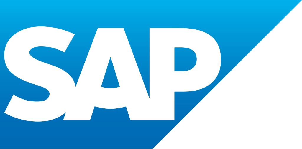 SAP logo with bold white letters on a blue and black background.