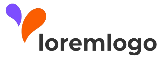 Abstract logo with purple and orange shapes next to the text loremlogo in lowercase gray letters.