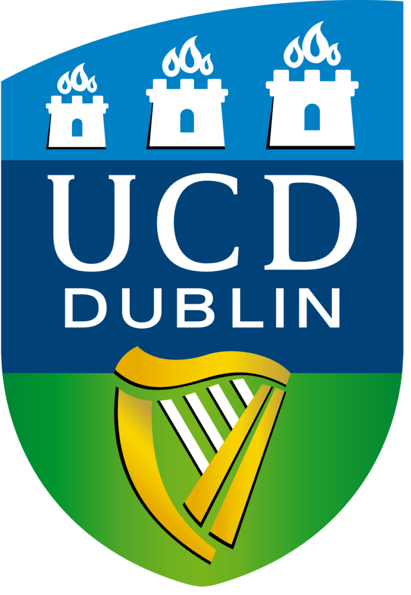 UCD Dublin logo featuring castle icons and a harp on a shield, displaying university pride and heritage.