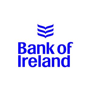 Bank of Ireland logo in bold blue font with a distinctive emblem on a transparent background.