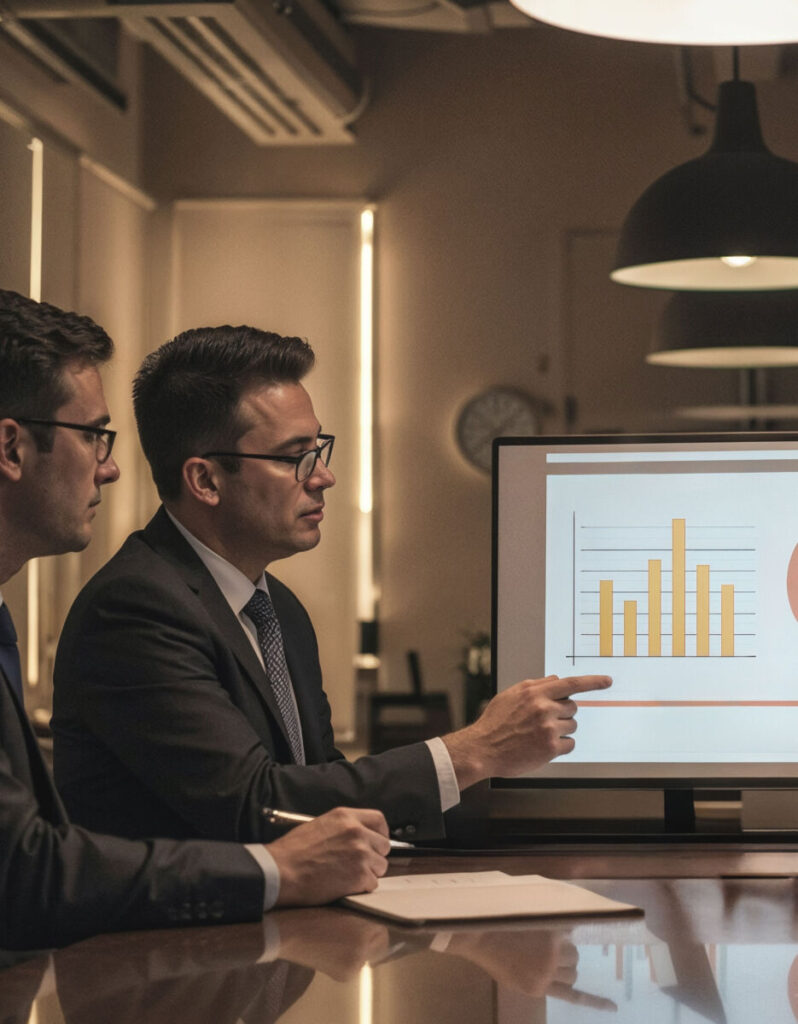 Two business professionals analyzing a graph on a screen in a modern office setting.