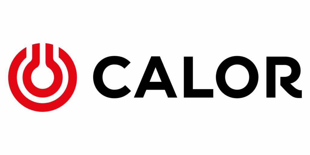 Red circle with abstract heat symbol beside Calor text in bold black font on a dark background.