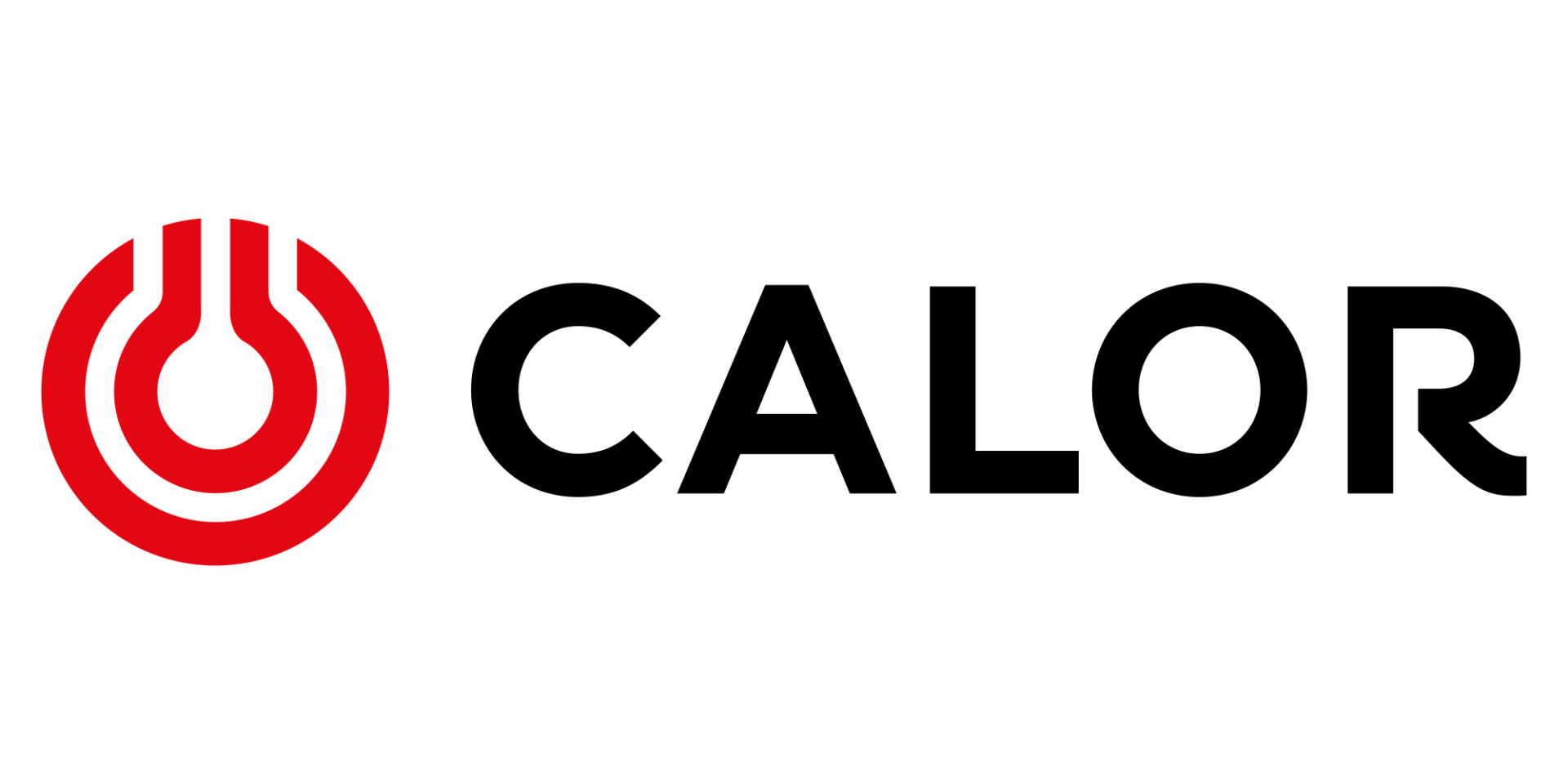 Red circle with abstract heat symbol beside Calor text in bold black font on a dark background.