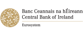Central Bank of Ireland logo with geometric emblem and bilingual text in English and Irish. Eurosystem mentioned below.