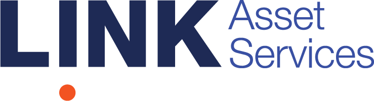 Logo of LINK Asset Services featuring bold blue text and an orange dot.