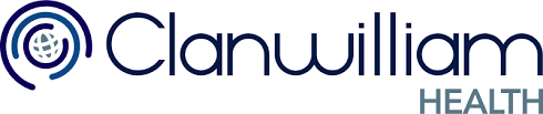Logo of Clanwilliam Health featuring a circular design element and text in blue and gray.