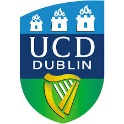 UCD Dublin crest featuring three towers and a harp, symbolizing the university's heritage and Irish culture.