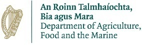 Irish Department of Agriculture, Food, and the Marine logo with a gold harp symbol and bilingual text.