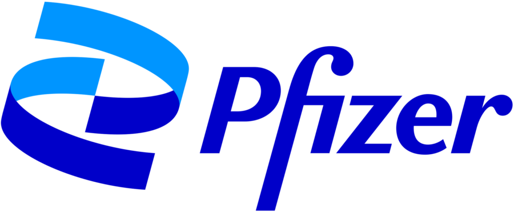 Blue and light blue ribbon-like design with Pfizer text in dark blue, depicting a corporate logo.