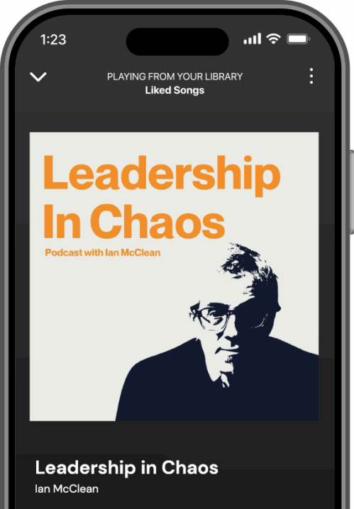 Podcast cover for Leadership In Chaos with stylized portrait of a man wearing glasses.