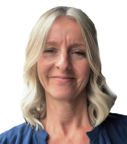 Portrait of a smiling person with shoulder-length blonde hair wearing a blue top.