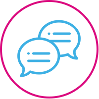 Blue chat bubble icon on pink circle background.