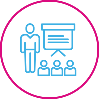 Book icon in blue outlined on a vibrant pink background, symbolizing knowledge or literature.